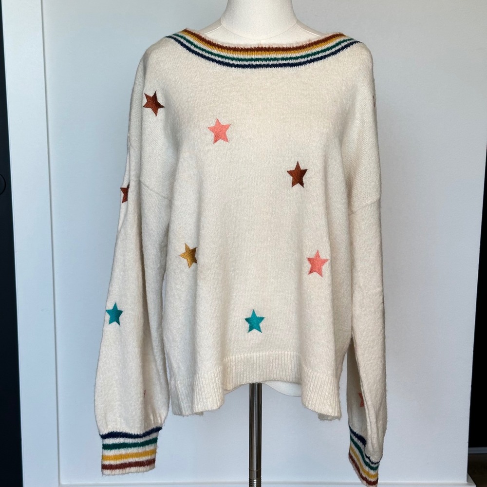 Storia Sweater Oversized Balloon Sleeve Star Embroidered Preppy Americana M